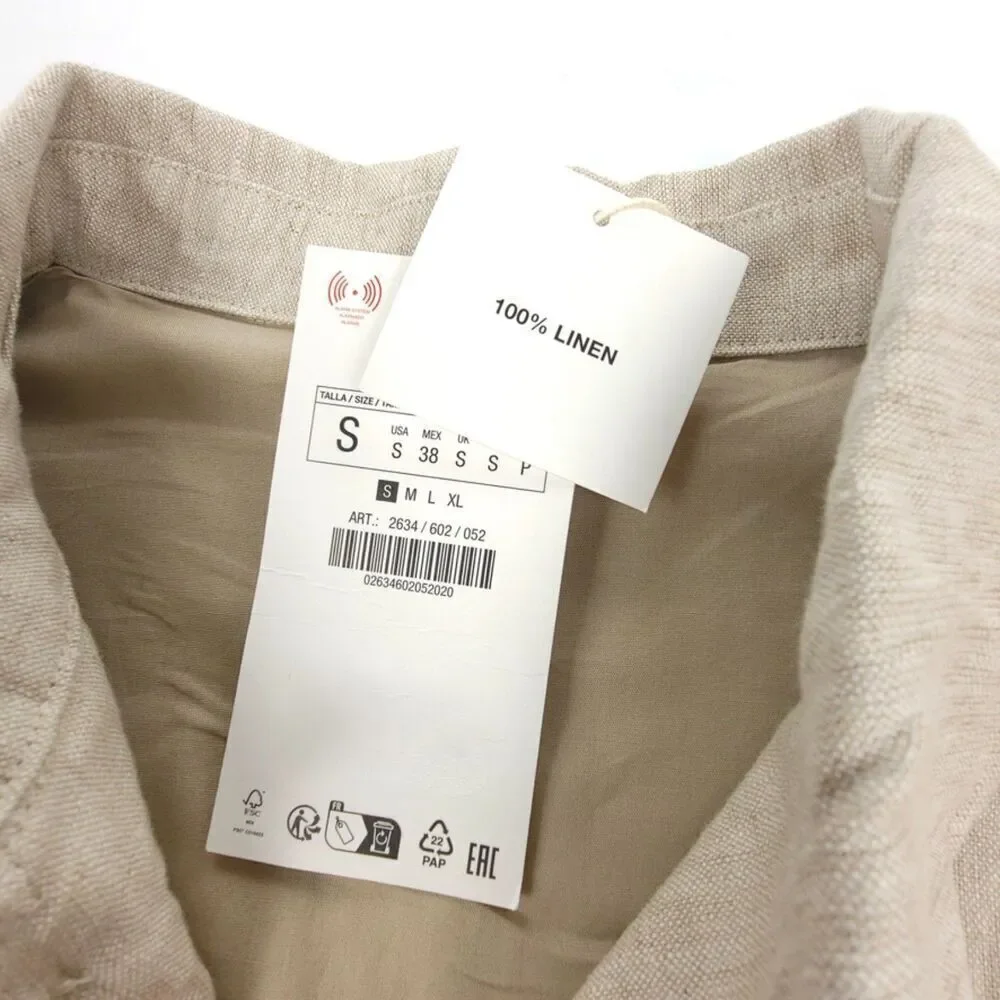 NWT Zara Man 100% Linen Old Money Cargo Button Down Shirt Jacket Ecru Luxe Small